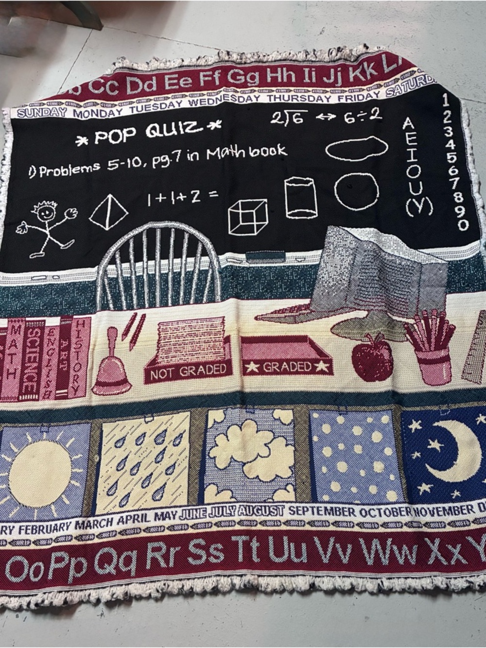 Vintage School-Themed Woven Throw Blanket in Black, Burgundy & Cream